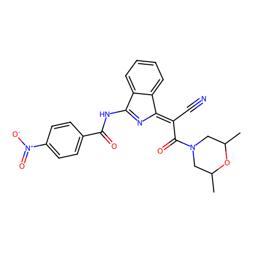 (Z)-N-(1-(1-cyano-2-(2,6-dimethylmorpholino)-2-oxoethylidene)-1H-isoindol-3-yl)-4-nitrobenzamide structure