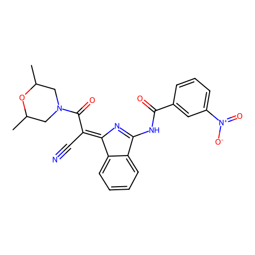 (Z)-N-(1-(1-cyano-2-(2,6-dimethylmorpholino)-2-oxoethylidene)-1H-isoindol-3-yl)-3-nitrobenzamide structure
