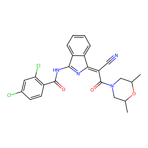 (Z)-2,4-dichloro-N-(1-(1-cyano-2-(2,6-dimethylmorpholino)-2-oxoethylidene)-1H-isoindol-3-yl)benzamide structure