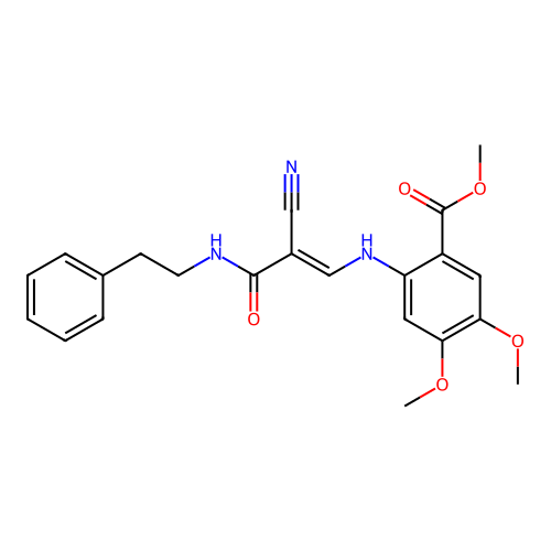 methyl 2-[[(E)-2-cyano-3-oxo-3-(phenethylamino)prop-1-enyl]amino]-4,5-dimethoxybenzoate structure