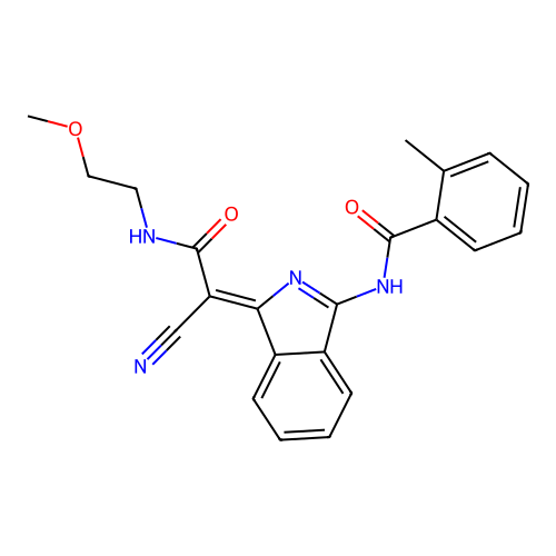 (Z)-N-(1-(1-cyano-2-((2-methoxyethyl)amino)-2-oxoethylidene)-1H-isoindol-3-yl)-2-methylbenzamide structure