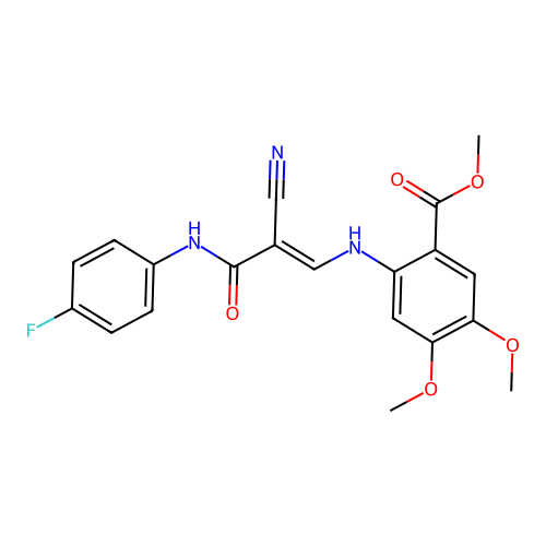 methyl 2-[[(E)-2-cyano-3-(4-fluoroanilino)-3-oxoprop-1-enyl]amino]-4,5-dimethoxybenzoate structure