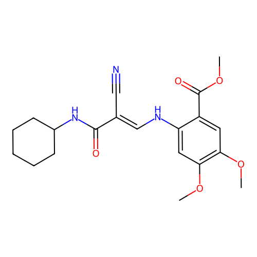 methyl 2-[[(E)-2-cyano-3-(cyclohexylamino)-3-oxoprop-1-enyl]amino]-4,5-dimethoxybenzoate structure