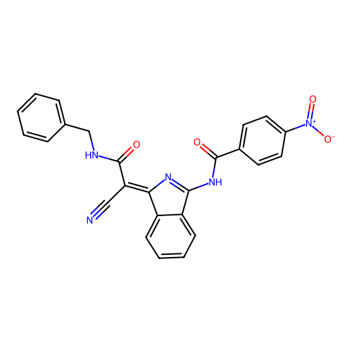N-[3-(benzylcarbamoyl-cyano-methylidene)isoindol-1-yl]-4-nitro-benzamide structure