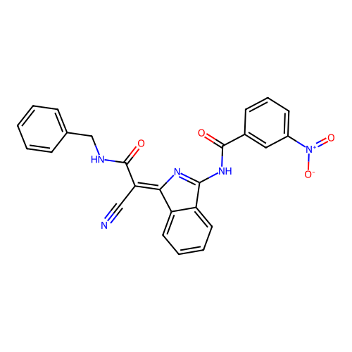 N-[3-(benzylcarbamoyl-cyano-methylidene)isoindol-1-yl]-3-nitro-benzamide structure