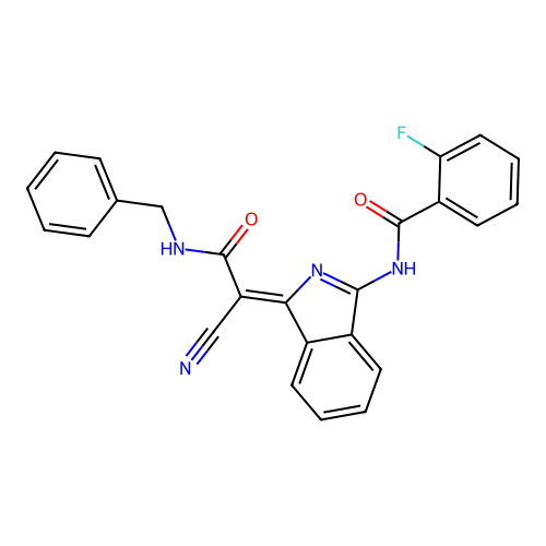 (Z)-N-(1-(2-(benzylamino)-1-cyano-2-oxoethylidene)-1H-isoindol-3-yl)-2-fluorobenzamide structure