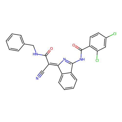 N-[(3Z)-3-[2-(benzylamino)-1-cyano-2-oxoethylidene]isoindol-1-yl]-2,4-dichlorobenzamide structure