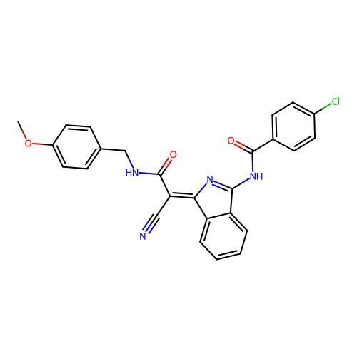 (Z)-4-chloro-N-(1-(1-cyano-2-((4-methoxybenzyl)amino)-2-oxoethylidene)-1H-isoindol-3-yl)benzamide structure