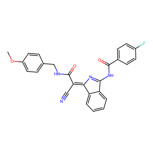 (Z)-N-(1-(1-cyano-2-((4-methoxybenzyl)amino)-2-oxoethylidene)-1H-isoindol-3-yl)-4-fluorobenzamide structure