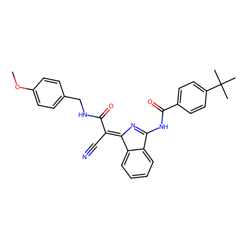 (Z)-4-(tert-butyl)-N-(1-(1-cyano-2-((4-methoxybenzyl)amino)-2-oxoethylidene)-1H-isoindol-3-yl)benzamide structure