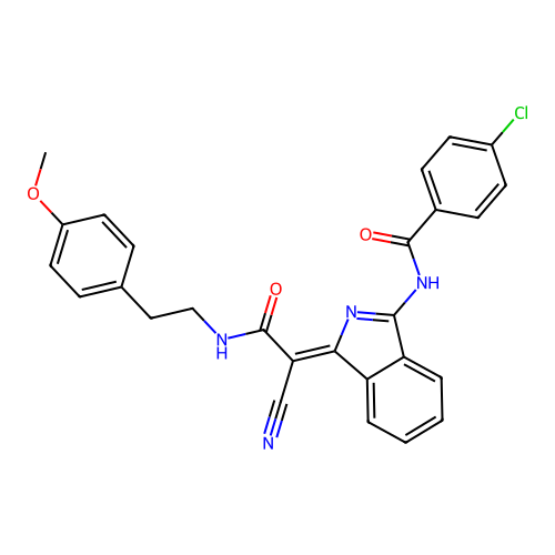 (Z)-4-chloro-N-(1-(1-cyano-2-((4-methoxyphenethyl)amino)-2-oxoethylidene)-1H-isoindol-3-yl)benzamide structure