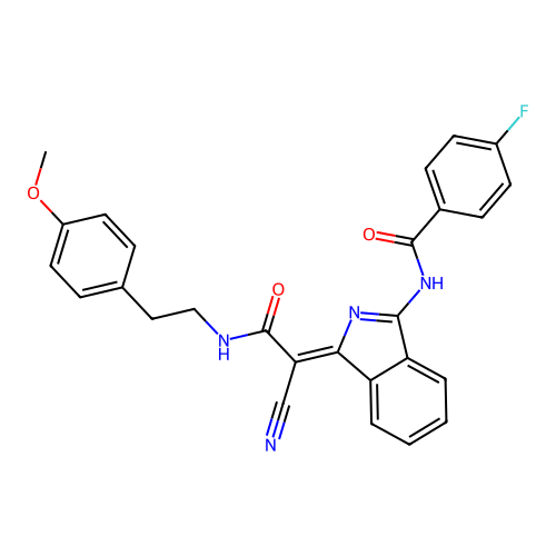 (Z)-N-(1-(1-cyano-2-((4-methoxyphenethyl)amino)-2-oxoethylidene)-1H-isoindol-3-yl)-4-fluorobenzamide structure