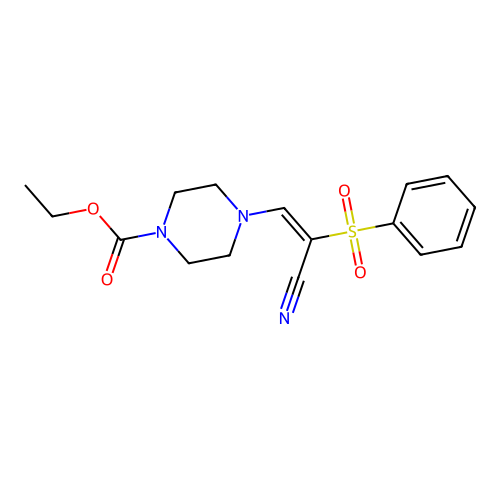 (E)-ethyl 4-(2-cyano-2-(phenylsulfonyl)vinyl)piperazine-1-carboxylate structure