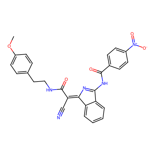 (Z)-N-(1-(1-cyano-2-((4-methoxyphenethyl)amino)-2-oxoethylidene)-1H-isoindol-3-yl)-4-nitrobenzamide structure