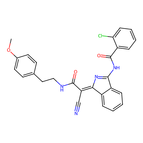 (Z)-2-chloro-N-(1-(1-cyano-2-((4-methoxyphenethyl)amino)-2-oxoethylidene)-1H-isoindol-3-yl)benzamide structure