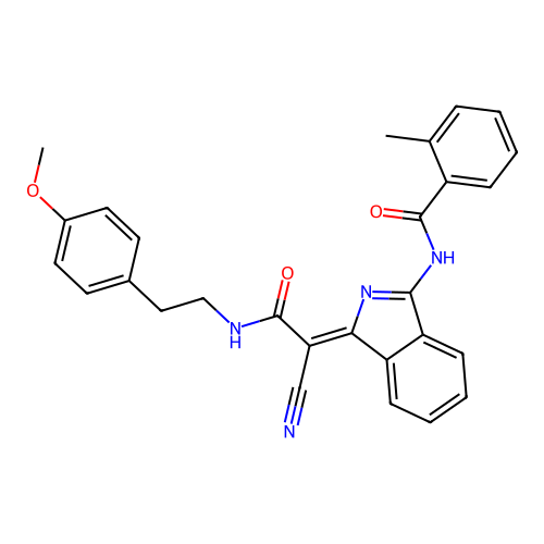 (Z)-N-(1-(1-cyano-2-((4-methoxyphenethyl)amino)-2-oxoethylidene)-1H-isoindol-3-yl)-2-methylbenzamide structure