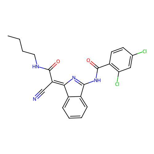 (Z)-N-(1-(2-(butylamino)-1-cyano-2-oxoethylidene)-1H-isoindol-3-yl)-2,4-dichlorobenzamide structure