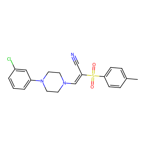 (E)-3-(4-(3-chlorophenyl)piperazin-1-yl)-2-tosylacrylonitrile structure