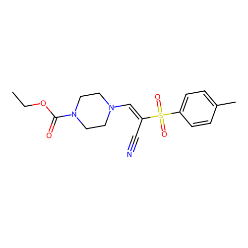 (E)-ethyl 4-(2-cyano-2-tosylvinyl)piperazine-1-carboxylate structure