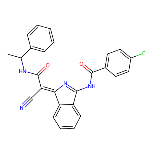 (Z)-4-chloro-N-(1-(1-cyano-2-oxo-2-((1-phenylethyl)amino)ethylidene)-1H-isoindol-3-yl)benzamide structure