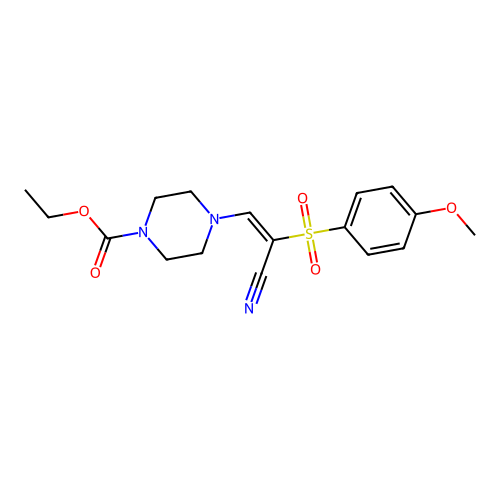 (E)-ethyl 4-(2-cyano-2-((4-methoxyphenyl)sulfonyl)vinyl)piperazine-1-carboxylate structure
