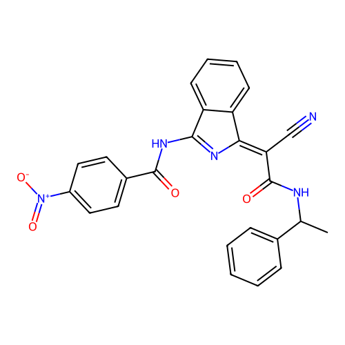 (Z)-N-(1-(1-cyano-2-oxo-2-((1-phenylethyl)amino)ethylidene)-1H-isoindol-3-yl)-4-nitrobenzamide structure