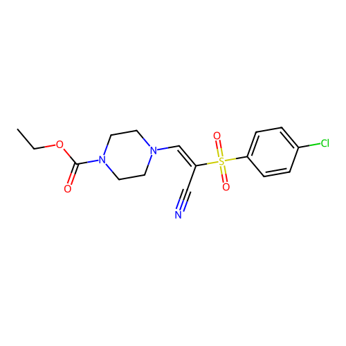(E)-ethyl 4-(2-((4-chlorophenyl)sulfonyl)-2-cyanovinyl)piperazine-1-carboxylate structure