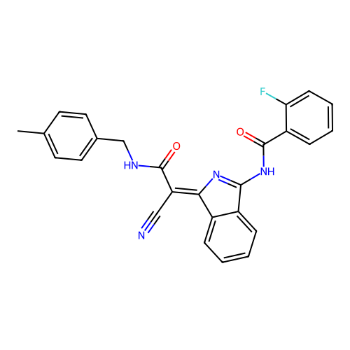 (Z)-N-(1-(1-cyano-2-((4-methylbenzyl)amino)-2-oxoethylidene)-1H-isoindol-3-yl)-2-fluorobenzamide structure