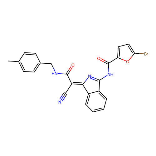 (Z)-5-bromo-N-(1-(1-cyano-2-((4-methylbenzyl)amino)-2-oxoethylidene)-1H-isoindol-3-yl)furan-2-carboxamide structure