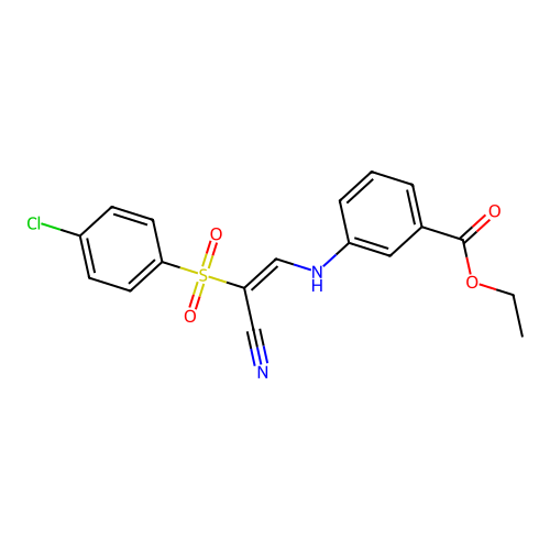 (E)-ethyl 3-((2-((4-chlorophenyl)sulfonyl)-2-cyanovinyl)amino)benzoate structure