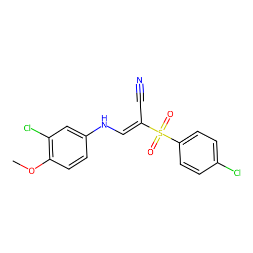 (E)-3-((3-chloro-4-methoxyphenyl)amino)-2-((4-chlorophenyl)sulfonyl)acrylonitrile structure