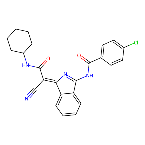 4-chloro-N-[(3Z)-3-[1-cyano-2-(cyclohexylamino)-2-oxoethylidene]isoindol-1-yl]benzamide structure