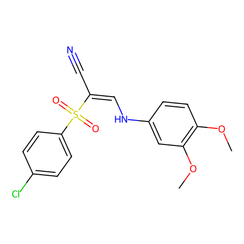 (Z)-2-((4-chlorophenyl)sulfonyl)-3-((3,4-dimethoxyphenyl)amino)acrylonitrile structure