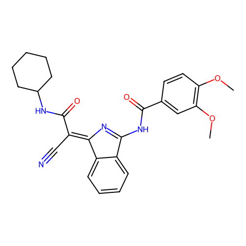 N-[3-[cyano-(cyclohexylcarbamoyl)methylidene]isoindol-1-yl]-3,4-dimethoxy-benzamide structure