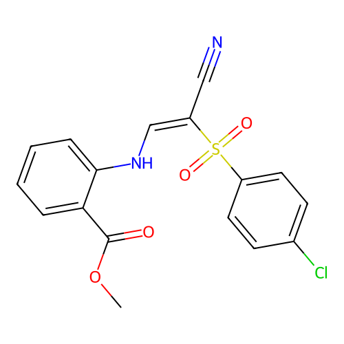 methyl 2-({(Z)-2-[(4-chlorophenyl)sulfonyl]-2-cyanoethenyl}amino)benzoate structure
