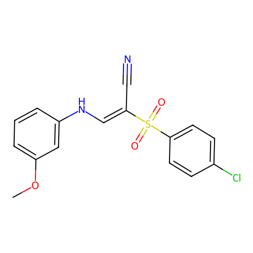 (E)-2-((4-chlorophenyl)sulfonyl)-3-((3-methoxyphenyl)amino)acrylonitrile structure