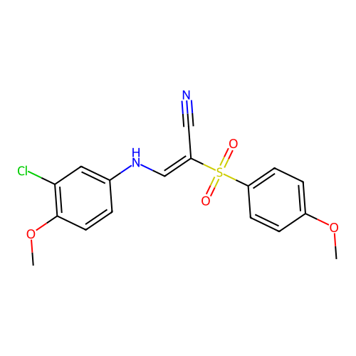 (E)-3-((3-chloro-4-methoxyphenyl)amino)-2-((4-methoxyphenyl)sulfonyl)acrylonitrile structure