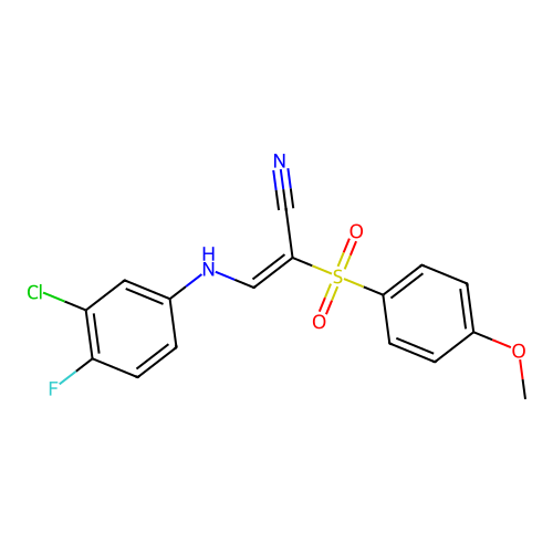 (E)-3-((3-chloro-4-fluorophenyl)amino)-2-((4-methoxyphenyl)sulfonyl)acrylonitrile structure