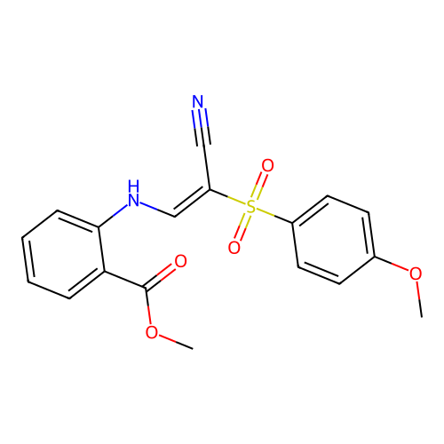 (E)-methyl 2-((2-cyano-2-((4-methoxyphenyl)sulfonyl)vinyl)amino)benzoate structure