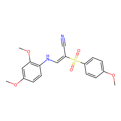 (E)-3-((2,4-dimethoxyphenyl)amino)-2-((4-methoxyphenyl)sulfonyl)acrylonitrile structure