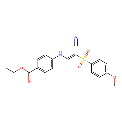 (E)-ethyl 4-((2-cyano-2-((4-methoxyphenyl)sulfonyl)vinyl)amino)benzoate structure