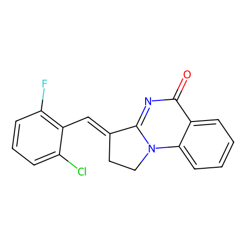 (E)-3-(2-chloro-6-fluorobenzylidene)-2,3-dihydropyrrolo[1,2-a]quinazolin-5(1H)-one structure