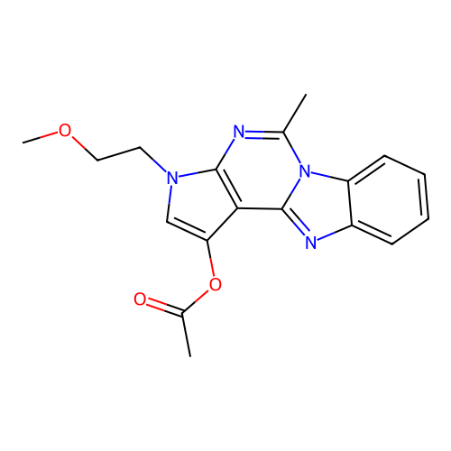 3-(2-methoxyethyl)-5-methyl-3H-pyrrolo[2',3':4,5]pyrimido[1,6-a]benzimidazol-1-yl acetate structure