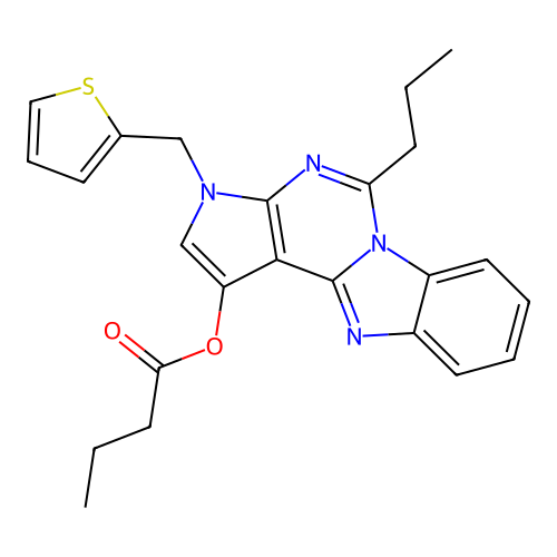 5-propyl-3-(thiophen-2-ylmethyl)-3H-benzo[4,5]imidazo[1,2-c]pyrrolo[3,2-e]pyrimidin-1-yl butyrate structure