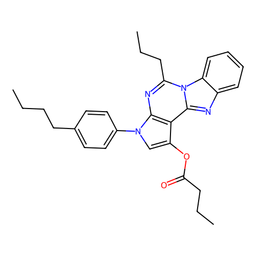 3-(4-butylphenyl)-5-propyl-3H-benzo[4,5]imidazo[1,2-c]pyrrolo[3,2-e]pyrimidin-1-yl butyrate structure