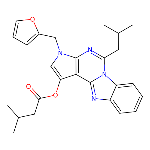 3-(furan-2-ylmethyl)-5-(2-methylpropyl)-3H-pyrrolo[2',3':4,5]pyrimido[1,6-a]benzimidazol-1-yl 3-methylbutanoate structure