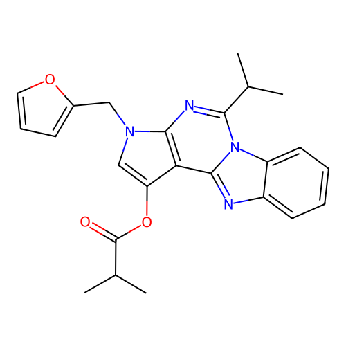 3-(furan-2-ylmethyl)-5-(propan-2-yl)-3H-pyrrolo[2',3':4,5]pyrimido[1,6-a]benzimidazol-1-yl 2-methylpropanoate structure