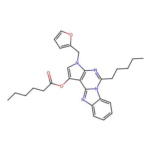 3-(furan-2-ylmethyl)-5-pentyl-3H-benzo[4,5]imidazo[1,2-c]pyrrolo[3,2-e]pyrimidin-1-yl hexanoate structure