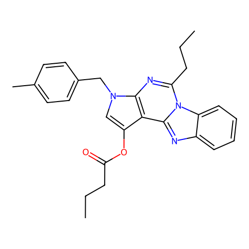 3-(4-methylbenzyl)-5-propyl-3H-benzo[4,5]imidazo[1,2-c]pyrrolo[3,2-e]pyrimidin-1-yl butyrate structure