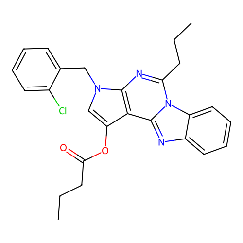 3-(2-chlorobenzyl)-5-propyl-3H-benzo[4,5]imidazo[1,2-c]pyrrolo[3,2-e]pyrimidin-1-yl butyrate structure
